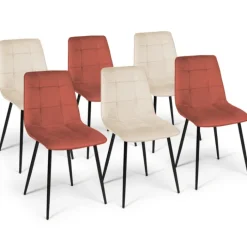 Lot de 6 chaises en velours mix color terracotta et beige avec assises matelassées