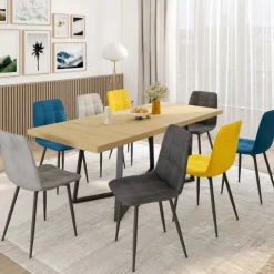 Lot de 8 chaises modernes en velours bleu, gris et jaune, avec pieds en métal noir