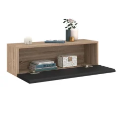 Lot de 2 consoles étagères suspendues couleur bois et porte noir