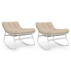 Lot de 2 fauteuils de jardin à bascule blanc coussin beige