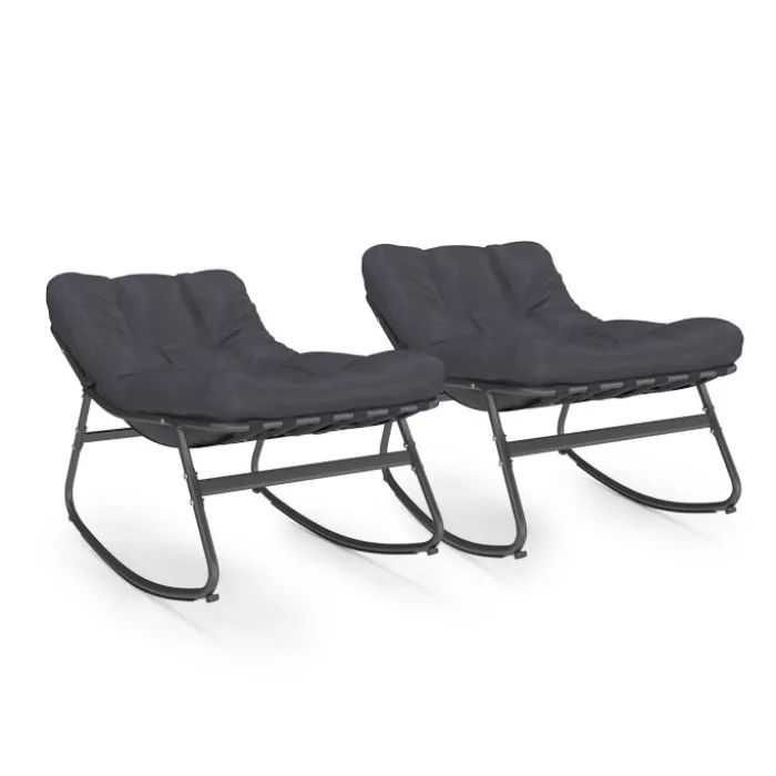 Lot de 2 fauteuils de jardin à bascule métal gris anthracite avec coussins