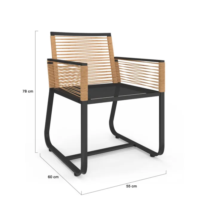 Lot de 2 fauteuils de jardin métal noir et cordage rotin clair