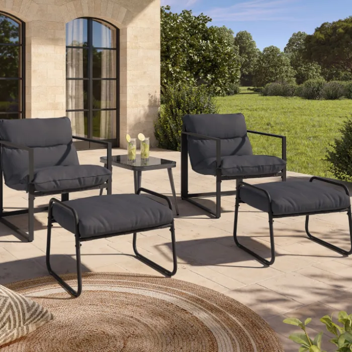 Lot de 2 fauteuils de jardin avec repose pieds gris coussin gris anthracite