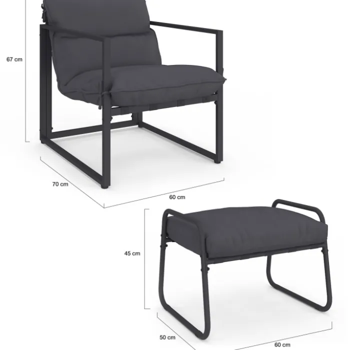 Lot de 2 fauteuils de jardin avec repose pieds gris coussin gris anthracite