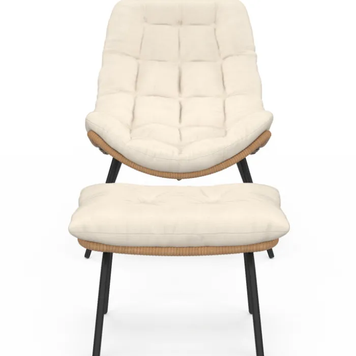 Lot de 2 fauteuils de jardin relax effet rotin avec coussins écrus et repose-pieds