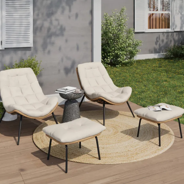 Lot de 2 fauteuils de jardin relax effet rotin avec coussins écrus et repose-pieds