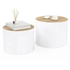 Lot de 2 tables basses cylindres gigognes bois et blanc