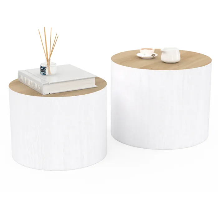 Lot de 2 tables basses cylindres gigognes bois et blanc