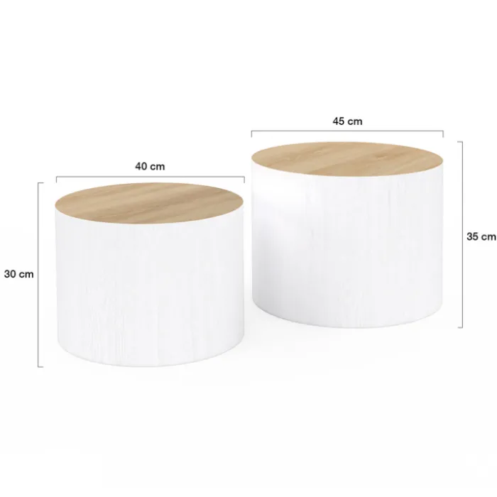 Lot de 2 tables basses cylindres gigognes bois et blanc