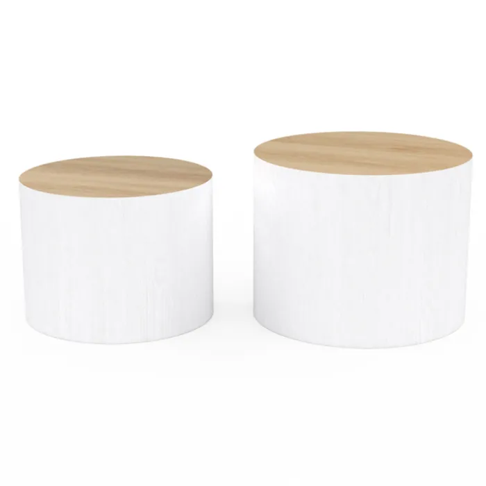 Lot de 2 tables basses cylindres gigognes bois et blanc