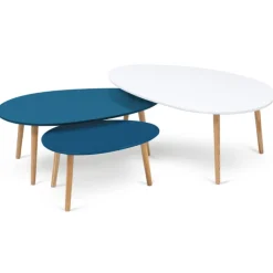 Lot de 3 tables basses de salon gigognes scandinaves laquées blanches et bleues