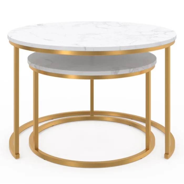 Lot de 2 tables basses gigognes rondes effet marbre et doré