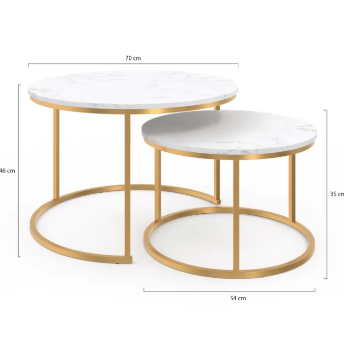 Lot de 2 tables basses gigognes rondes effet marbre et doré