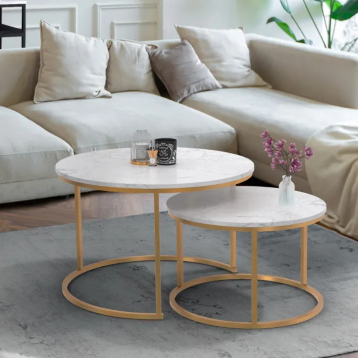 Lot de 2 tables basses gigognes rondes effet marbre et doré