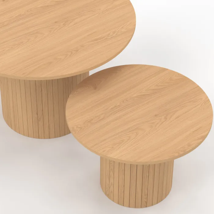 Lot de 2 tables basses gigognes rondes 50/70 effet lattes tasseau bois coloris chêne