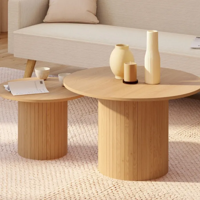 Lot de 2 tables basses gigognes rondes 50/70 effet lattes tasseau bois coloris chêne