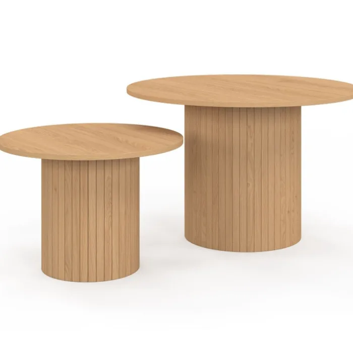 Lot de 2 tables basses gigognes rondes 50/70 effet lattes tasseau bois coloris chêne