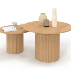 Lot de 2 tables basses gigognes rondes 50/70 effet lattes tasseau bois coloris chêne