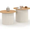 Lot de 2 tables basses gigognes rondes 40/45 effet cannelé beige et plateau bois