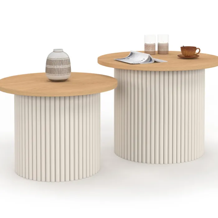 Lot de 2 tables basses gigognes rondes 40/45 effet cannelé beige et plateau bois