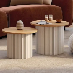 Lot de 2 tables basses gigognes rondes 40/45 effet cannelé beige et plateau bois