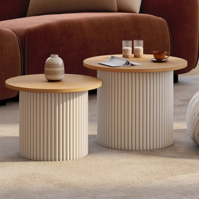 Lot de 2 tables basses gigognes rondes 40/45 effet cannelé beige et plateau bois