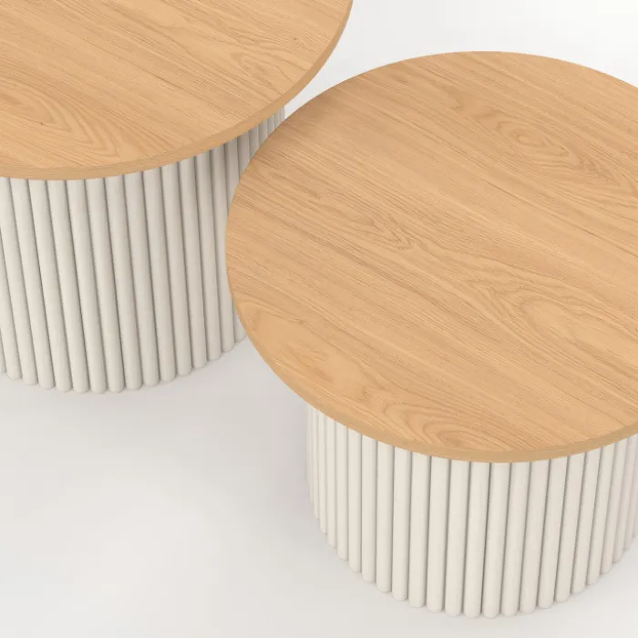 Lot de 2 tables basses gigognes rondes 40/45 effet cannelé beige et plateau bois