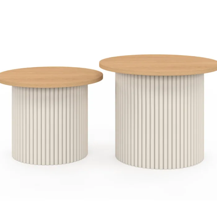 Lot de 2 tables basses gigognes rondes 40/45 effet cannelé beige et plateau bois