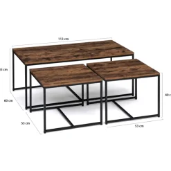 Lot de 3 tables basses gigognes industrielles effet bois vieilli