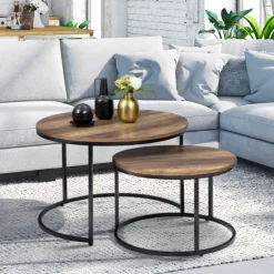 Lot de 2 tables basses gigognes rondes bois foncé et métal