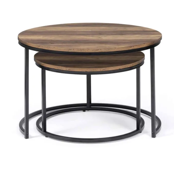 Lot de 2 tables basses gigognes rondes bois foncé et métal