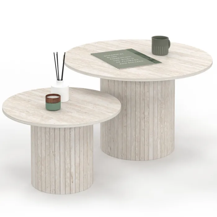 Lot de 2 tables basses gigognes rondes 50/70 effet lattes travertin