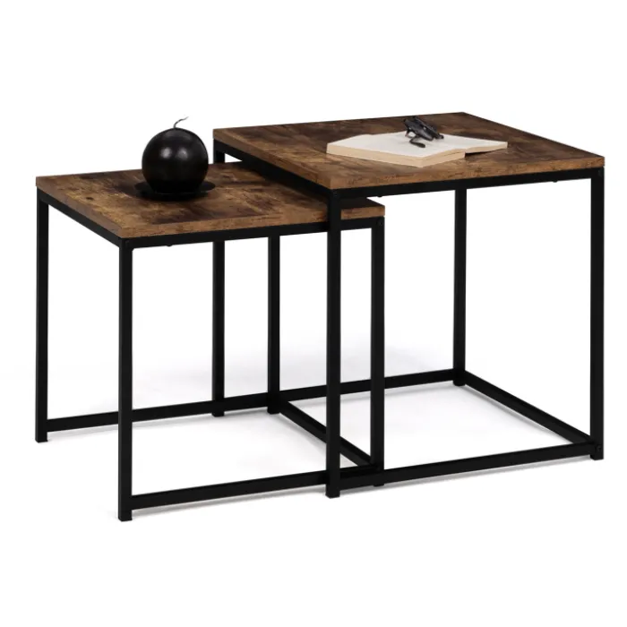 Lot de 2 tables basses gigognes industrielles effet bois vieilli