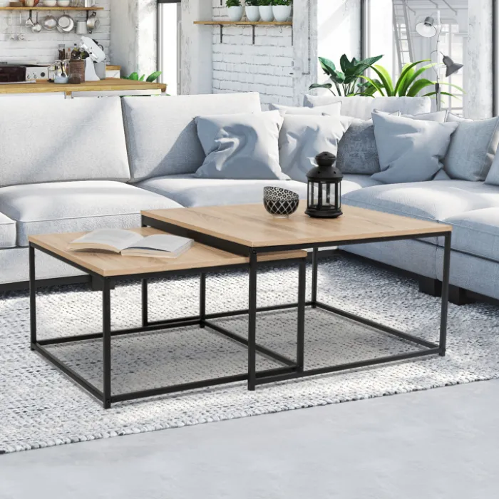 Lot de 2 tables basses gigognes industrielles 70x70cm et 60x60 cm