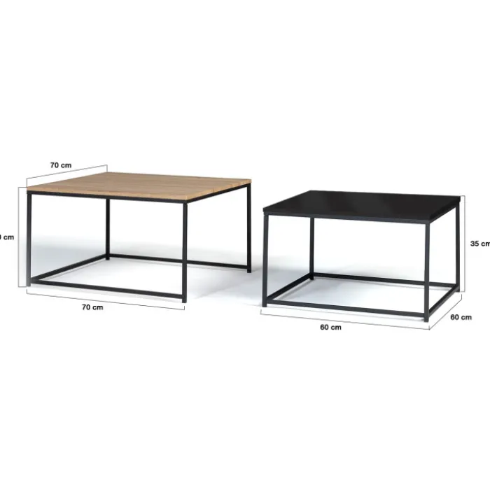 Lot de 2 tables basses gigognes industrielles métal noir 60 cm et 70 cm