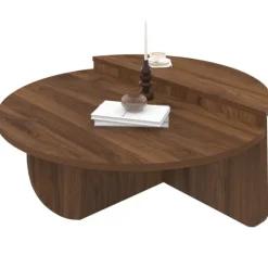 Lot de 2 tables basses rondes 90 cm asymétriques effet noyer