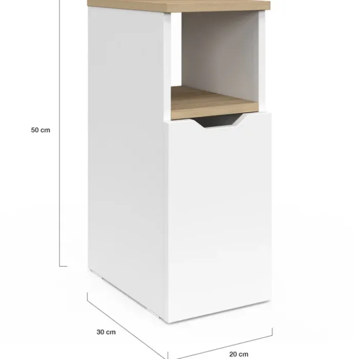 Lot de 2 tables de chevet étroites bois et blanc 1 porte avec niche