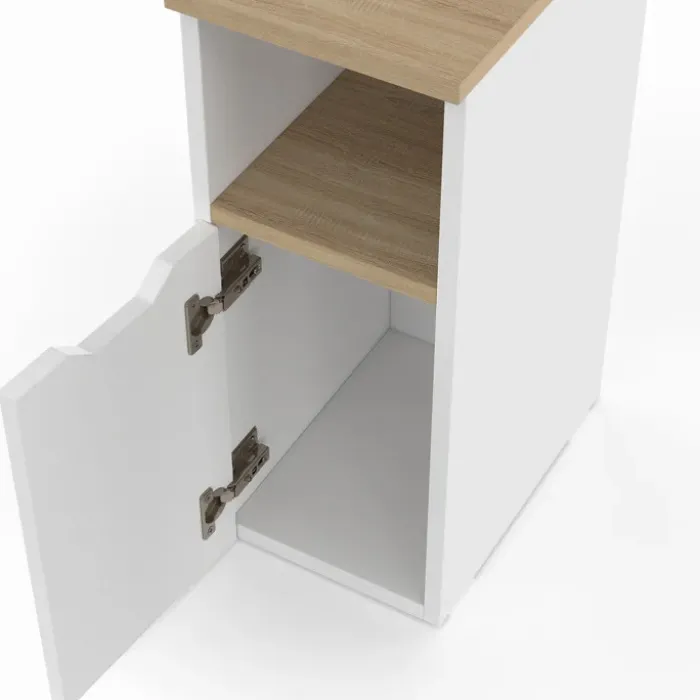 Lot de 2 tables de chevet étroites bois et blanc 1 porte avec niche