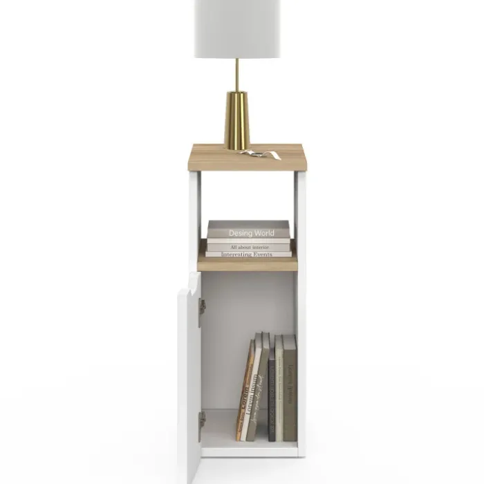 Lot de 2 tables de chevet étroites bois et blanc 1 porte avec niche