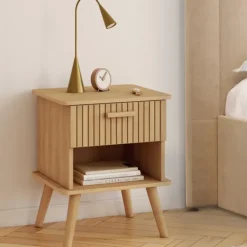 Lot de 2 tables de chevet tasseau bois coloris chêne avec 1 niche et 1 tiroir