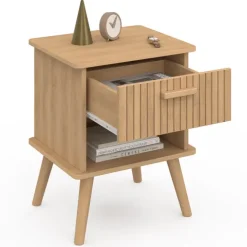 Lot de 2 tables de chevet tasseau bois coloris chêne avec 1 niche et 1 tiroir