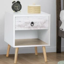 lot de 2 tables de chevet blanches effet vieilli 1 tiroir style scandinave