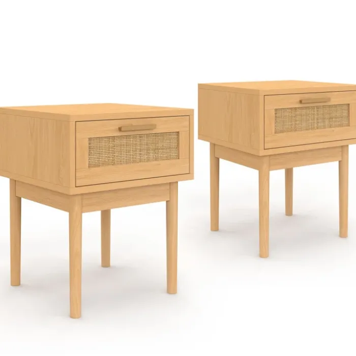 lot de 2 tables de chevet en bois cannage effet naturel avec 1 tiroir
