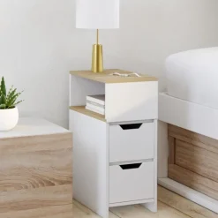 Lot de 2 tables de chevet étroites bois et blanc 2 tiroirs avec niche latérale réversible