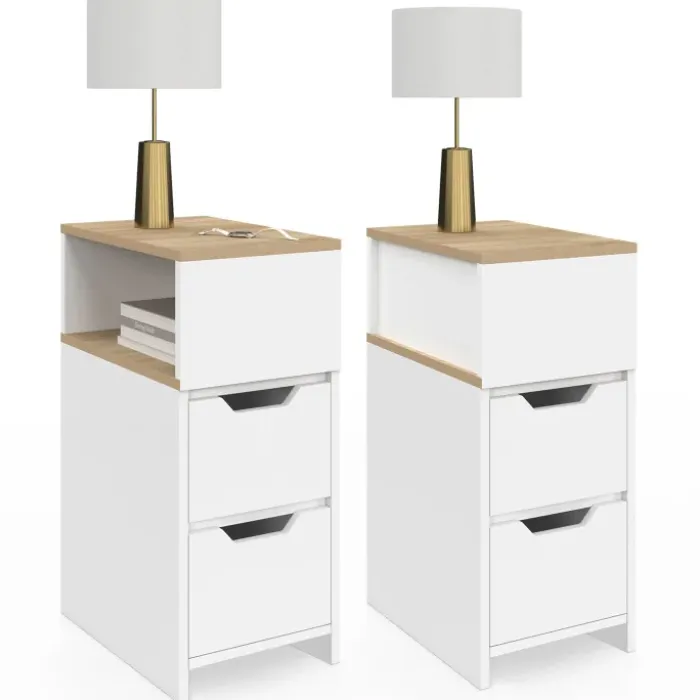 Lot de 2 tables de chevet étroites bois et blanc 2 tiroirs avec niche latérale réversible
