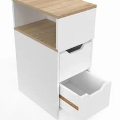 Lot de 2 tables de chevet étroites bois et blanc 2 tiroirs avec niche latérale réversible