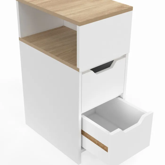 Lot de 2 tables de chevet étroites bois et blanc 2 tiroirs avec niche latérale réversible