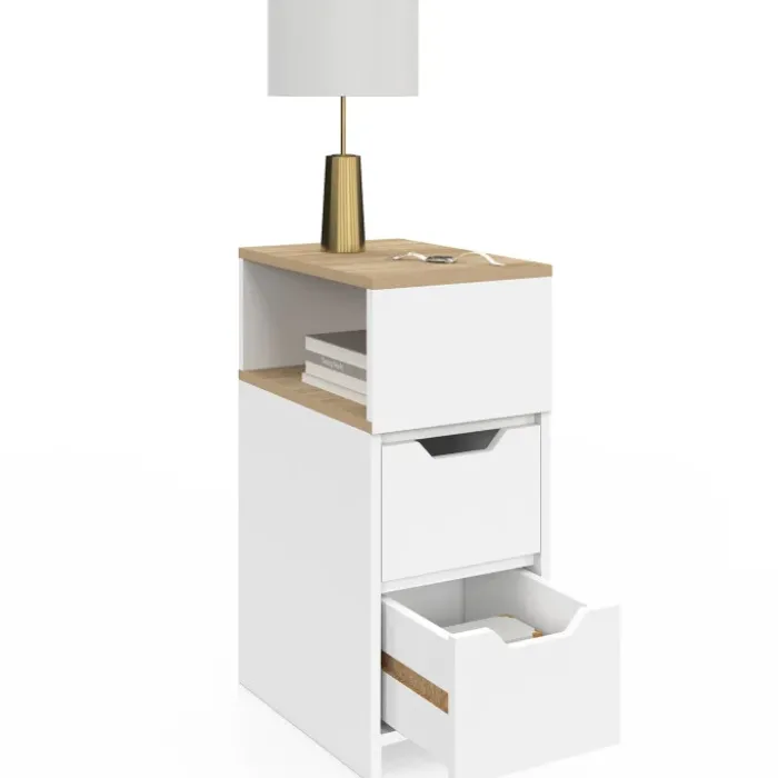 Lot de 2 tables de chevet étroites bois et blanc 2 tiroirs avec niche latérale réversible