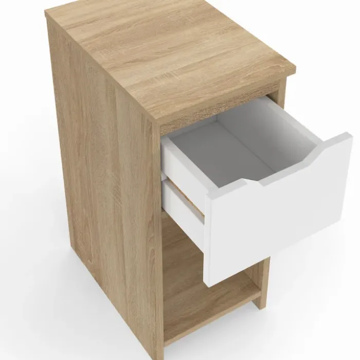 Lot de 2 tables de chevet étroites 1 tiroir avec niche bois façon hêtre et blanc