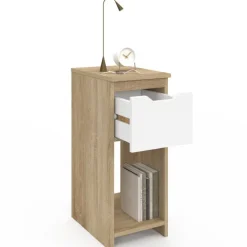 Lot de 2 tables de chevet étroites 1 tiroir avec niche bois façon hêtre et blanc